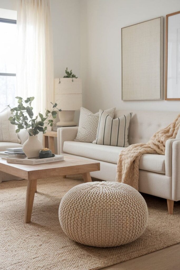 Cozy neutral living room with cream knitted pouf beige sofa light wood furniture inviting relaxed atmosphere