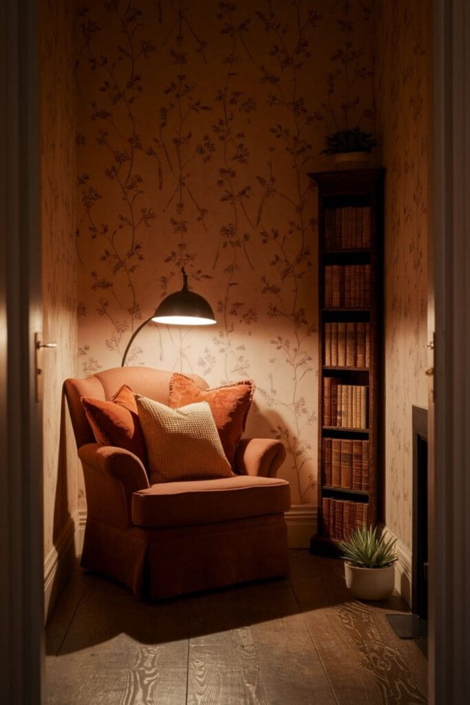 Cozy reading nook in a family living room with a comfortable chair, soft cushions, a small bookshelf, and warm lighting
