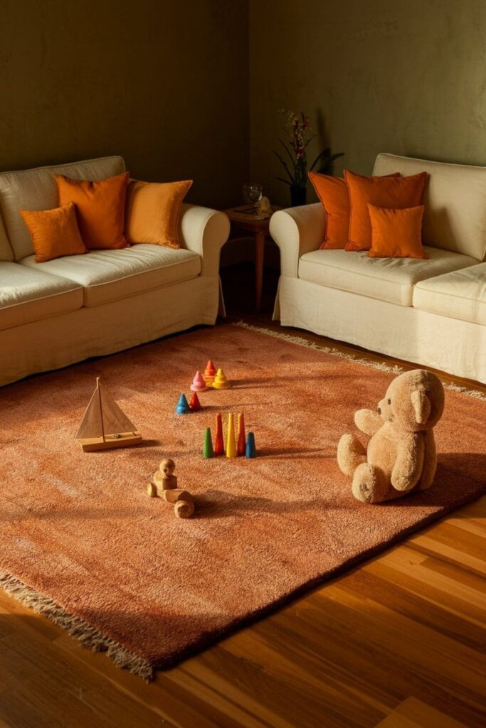 Family-friendly living room featuring a large soft area rug, kids playing on the floor, and comfortable seating
