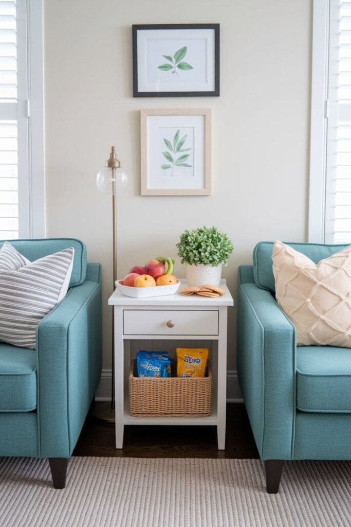 Family living room corner with small table or cabinet stocked with healthy snacks for kids, bright and organized space