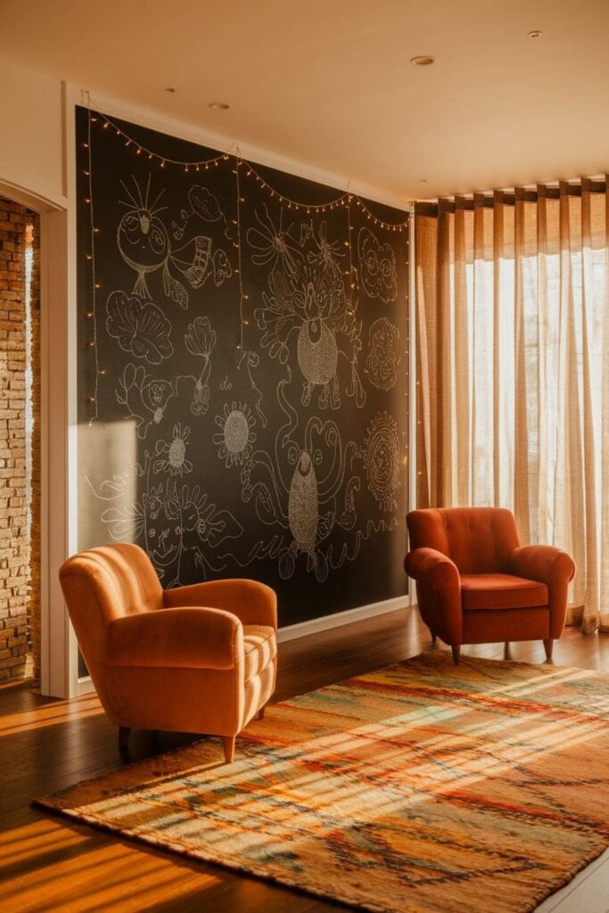 Family living room featuring a chalkboard or activity wall where children can draw, play, and be creative