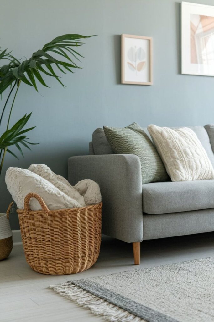 Family living room with a large basket filled with soft blankets, kids building a blanket fort nearby