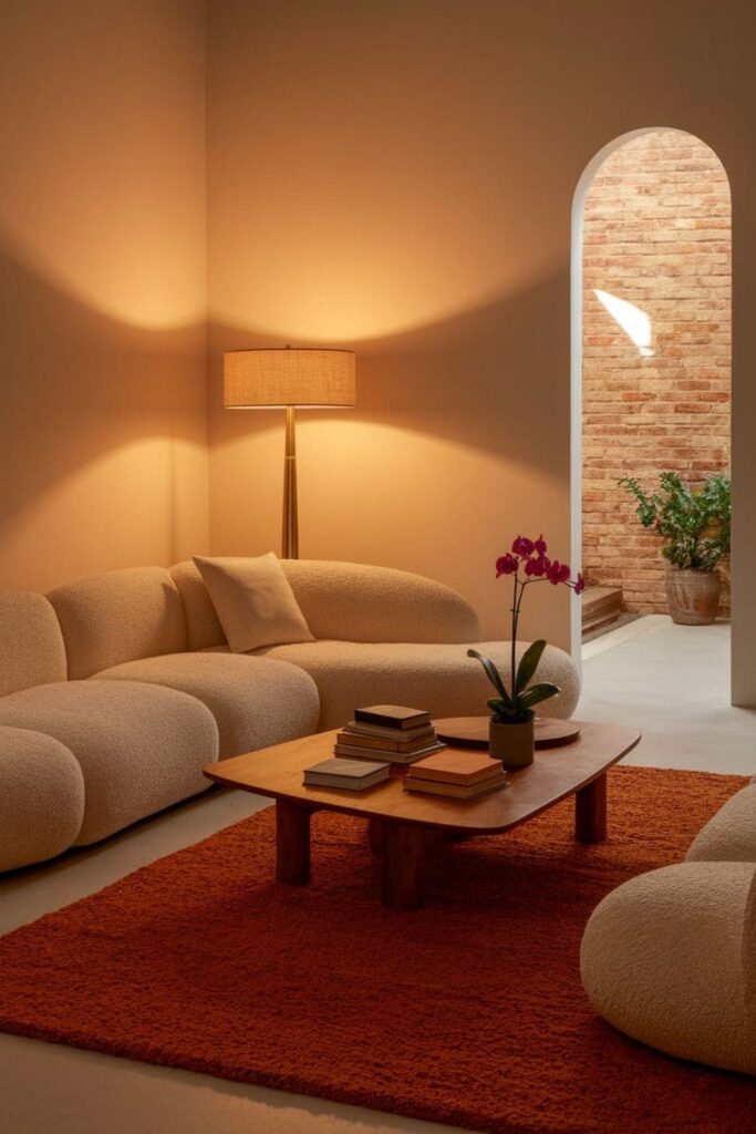 Family living room with layered lighting including ceiling, floor, and table lamps, children playing and parents relaxing