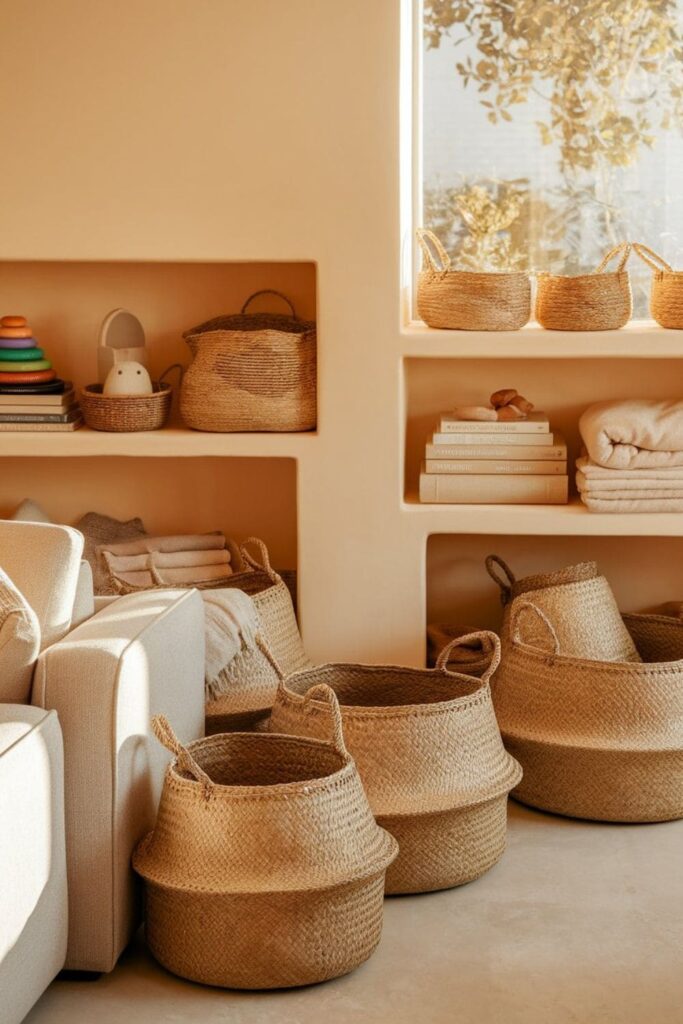 Family living room with stylish baskets for quick toy and book cleanup, kids tidying up after playtime