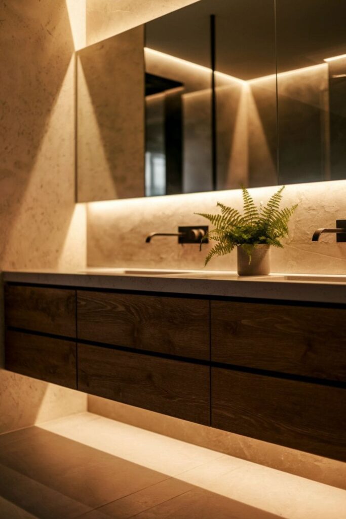 Floating vanity with subtle LED strip lights highlighting textures and decor