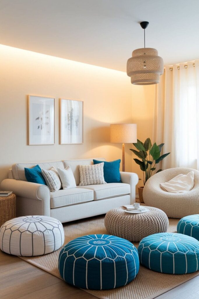 Living room with floor cushions, poufs, and soft bean bags, kids sitting and playing comfortably on the floor
