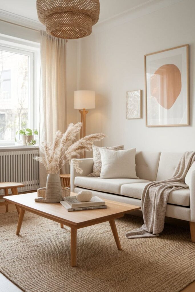 Living room with light wood furniture oak and ash pieces beige sofa woven rug and warm ambient lighting