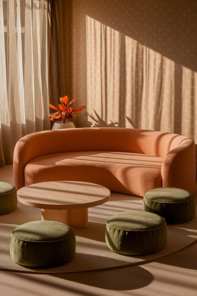 Living room with rounded furniture edges including curved sofas and a round coffee table, safe for children