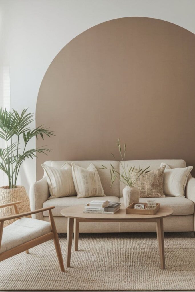 Living room with soft taupe accent wall behind beige sofa layered textures light wood furniture