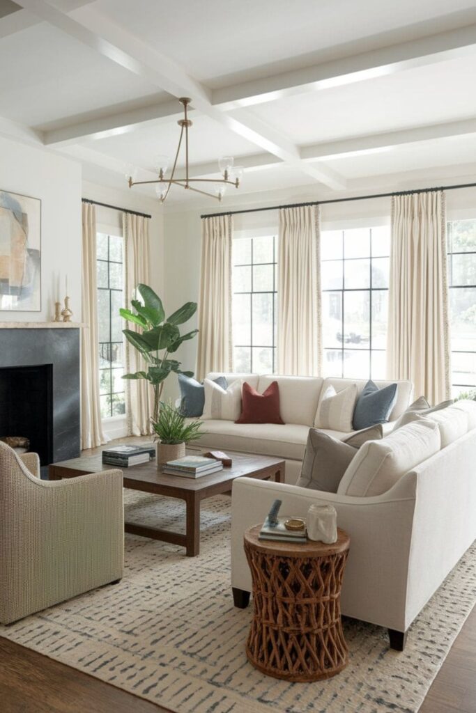 Living room with stain-resistant, durable sofas and chairs, kids playing safely on soft microfiber furniture