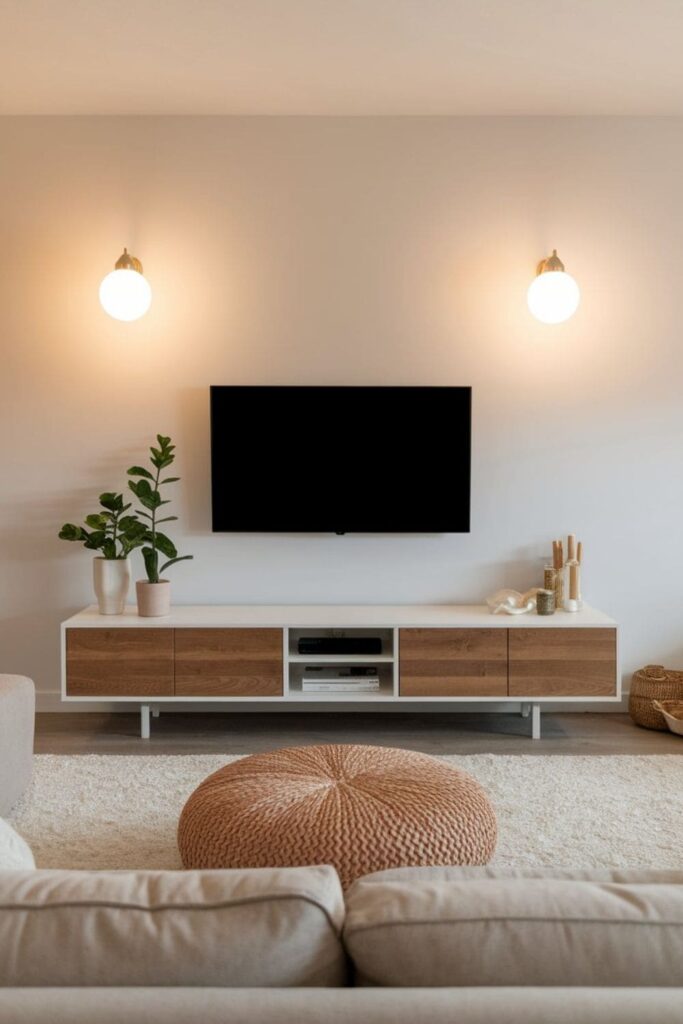 Living room with wall-mounted TV placed safely out of kids’ reach, media console below, and cozy family setup