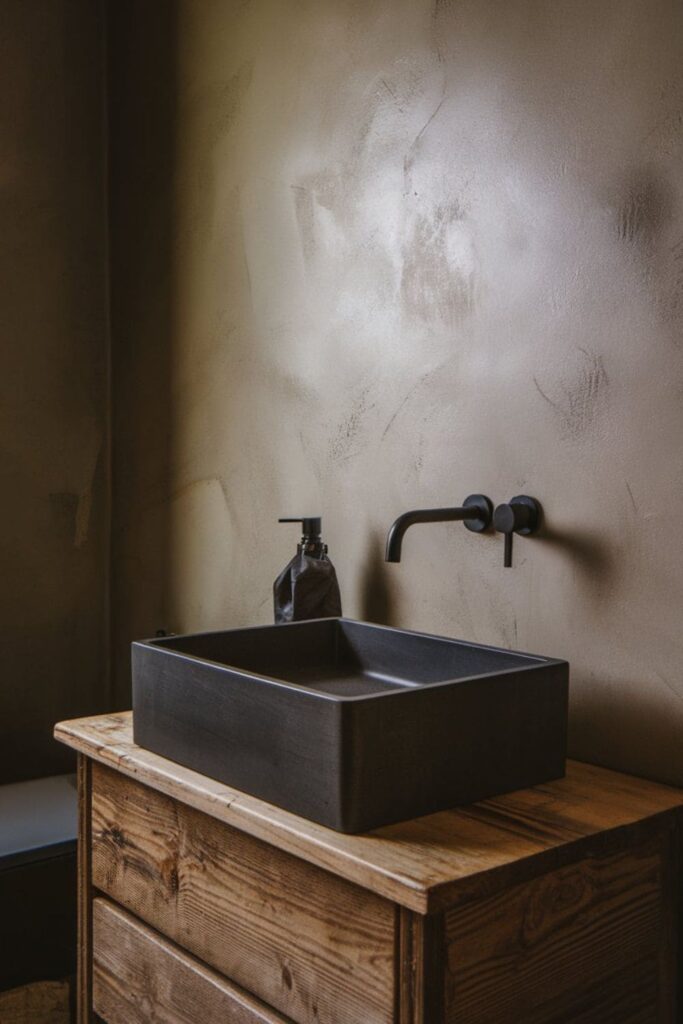 Masculine bathroom featuring a dark gray concrete sink on a wood vanity