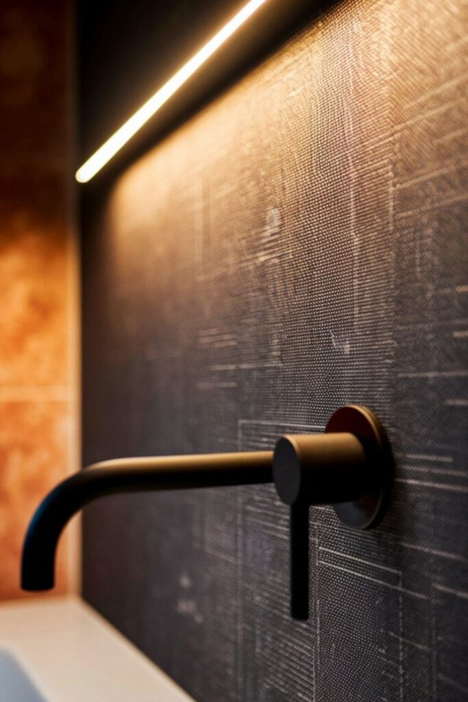 Masculine bathroom wall with subtle dark linen or concrete-look wallpaper texture
