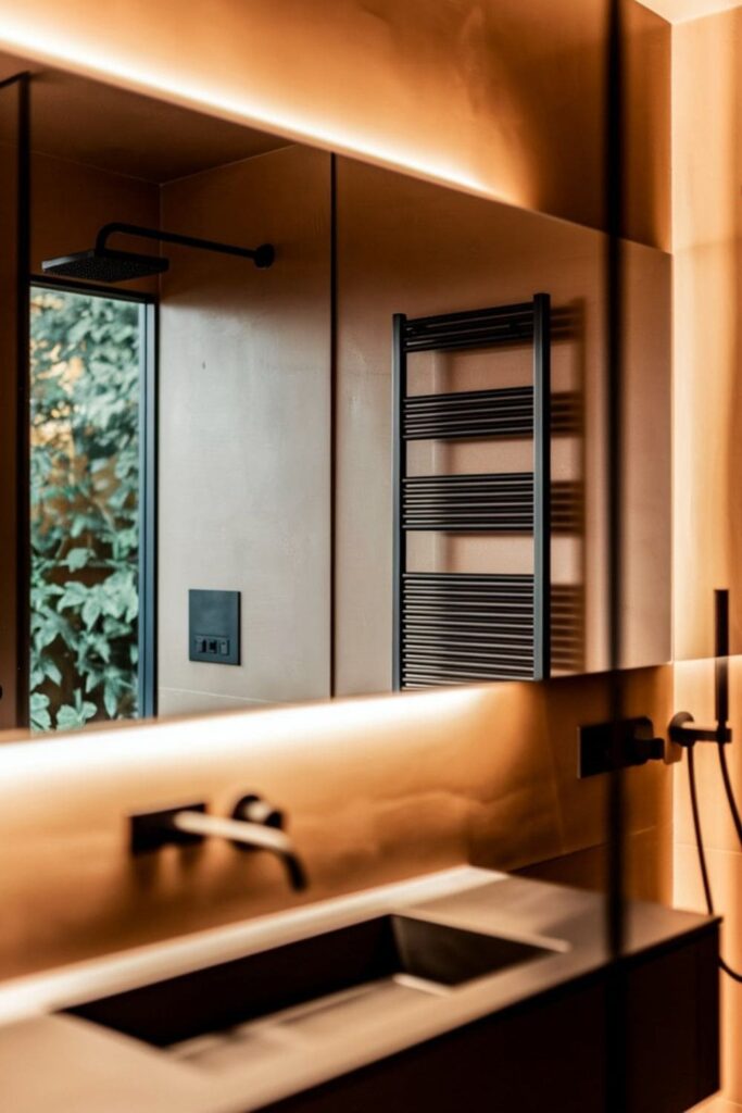 Masculine bathroom with digital smart mirror and heated towel rack