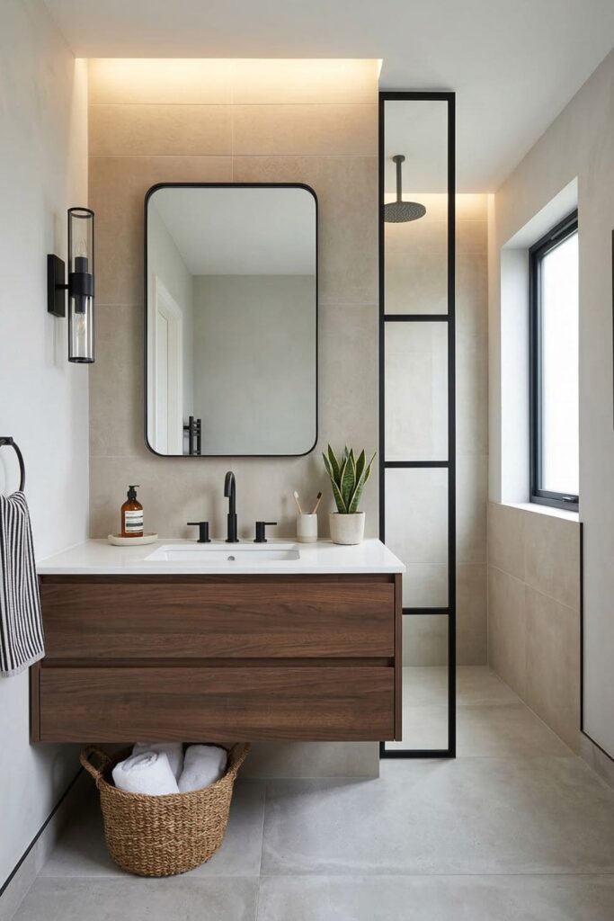 Masculine bathroom with round black-framed mirror, dark wood vanity, and clean lines