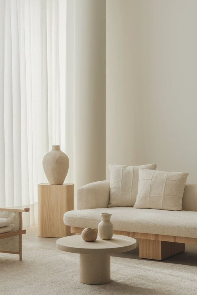 Minimalist neutral living room with simple decor ceramic vase small sculpture beige sofa light wood furniture