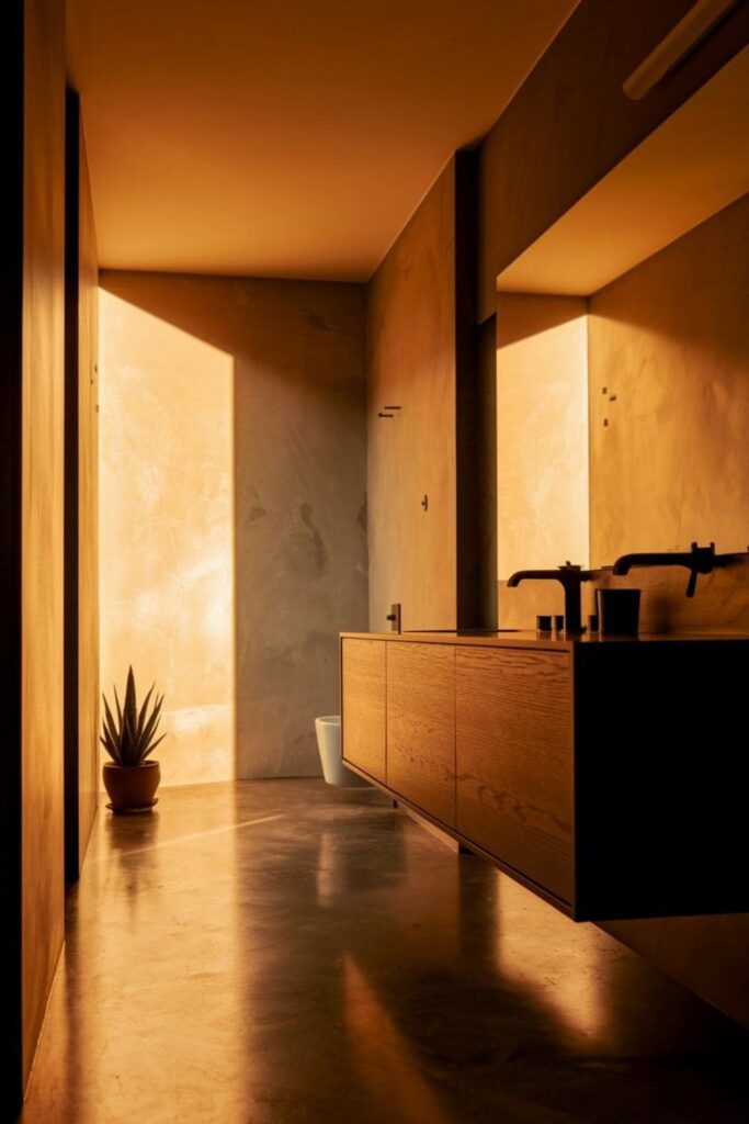 Modern dark wood floating vanity with open floor space for a minimalist masculine look