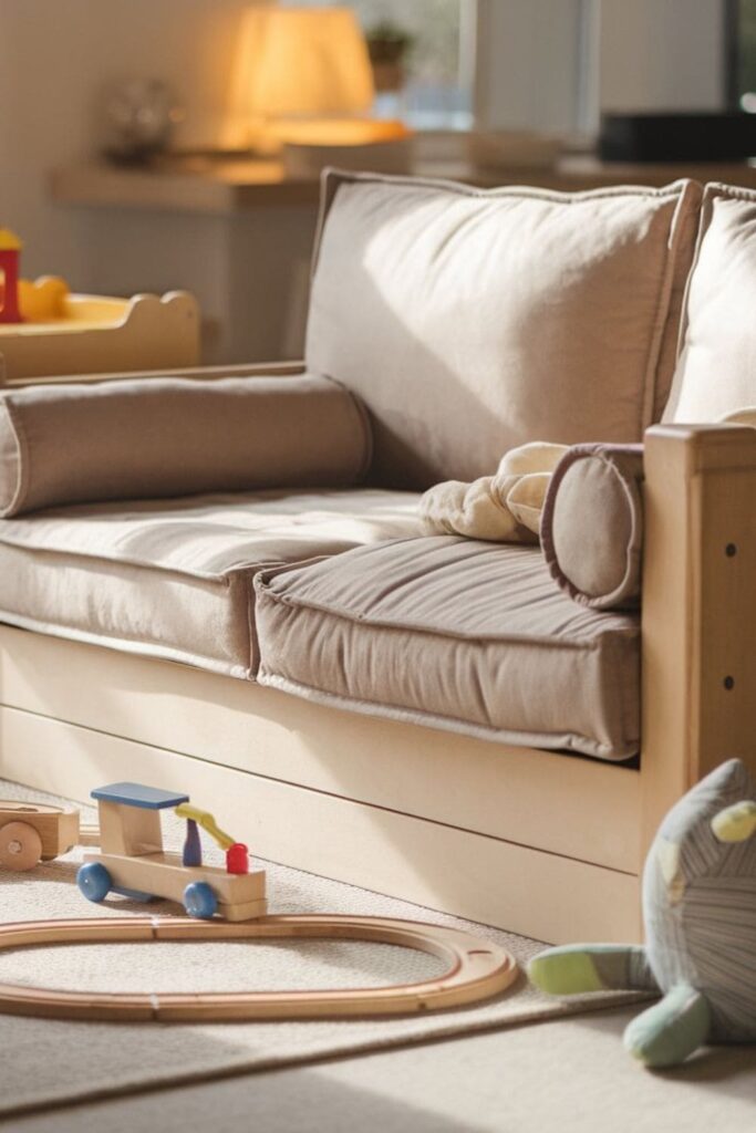 Modern family living room with a sturdy, durable sofa suitable for kids, toys nearby, and a cozy warm atmosphere