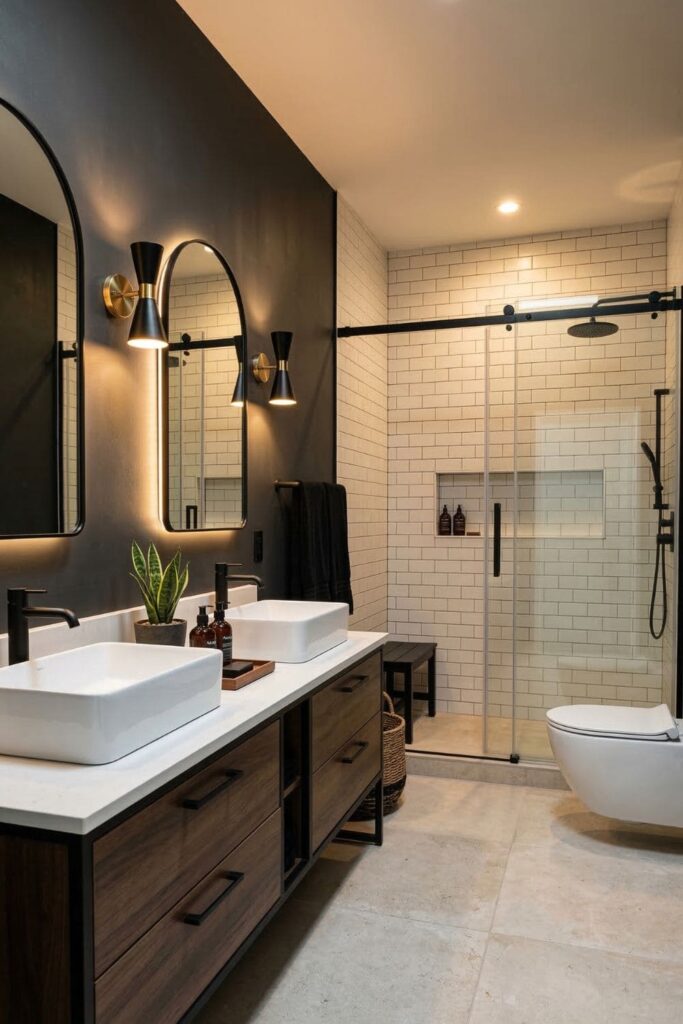 Modern masculine bathroom with dark charcoal walls, light flooring, and white fixtures