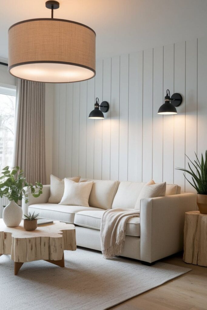 Modern neutral living room with drum-shaped pendant light matte metal sconces beige sofa calm ambiance