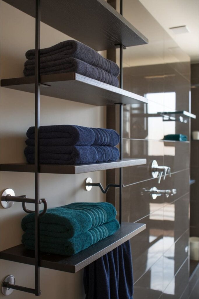 Neatly folded charcoal gray and navy towels on shelves and hooks in a masculine bathroom
