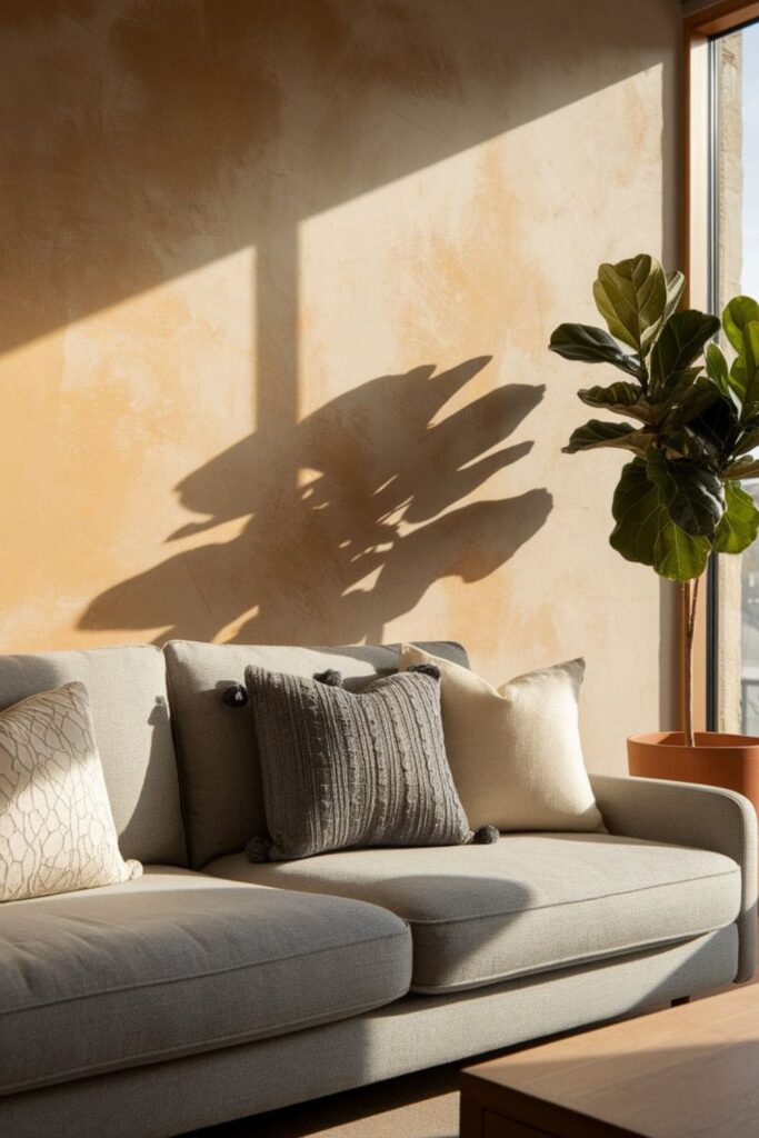 Neutral living room featuring a soft gray sofa cream and charcoal pillows light wood accents and airy design