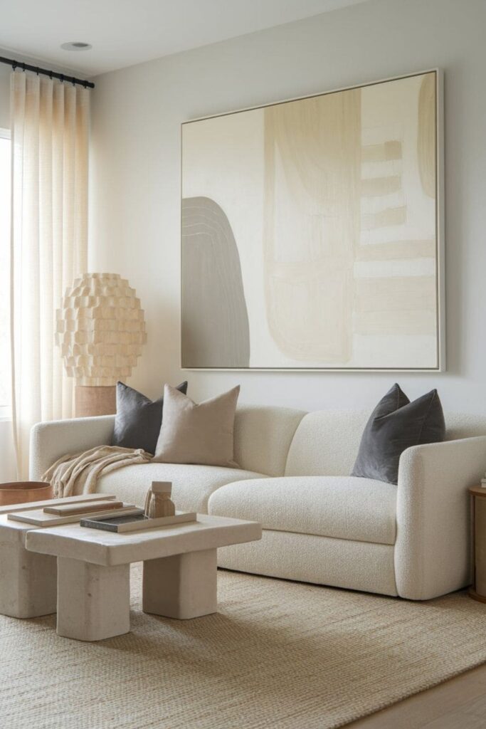 Neutral living room featuring large abstract artwork in soft cream gray and taupe beige sofa and layered textures