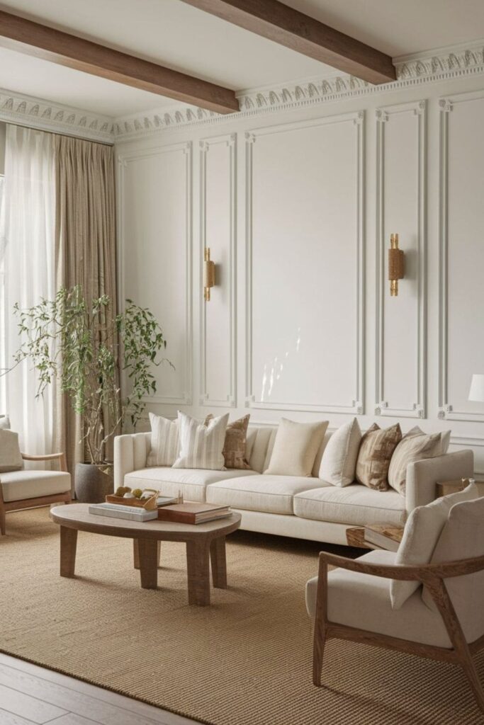 Neutral living room highlighting wall molding ceiling beams beige sofa light wood accents and warm atmosphere
