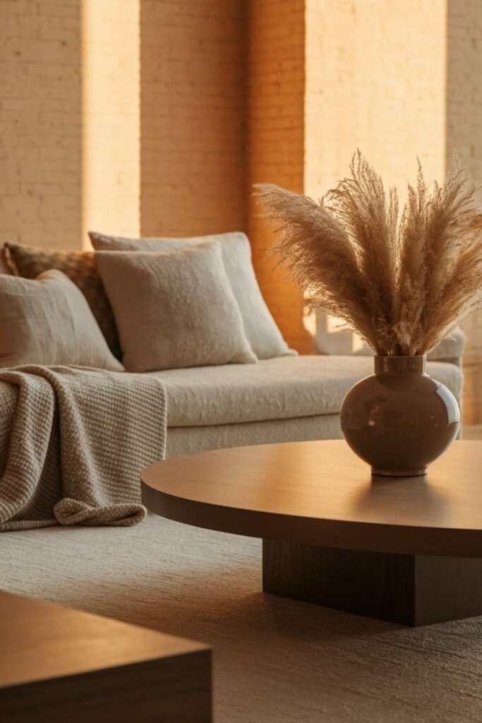 Neutral living room mixing matte wood table glossy ceramic vase beige sofa light wood accents