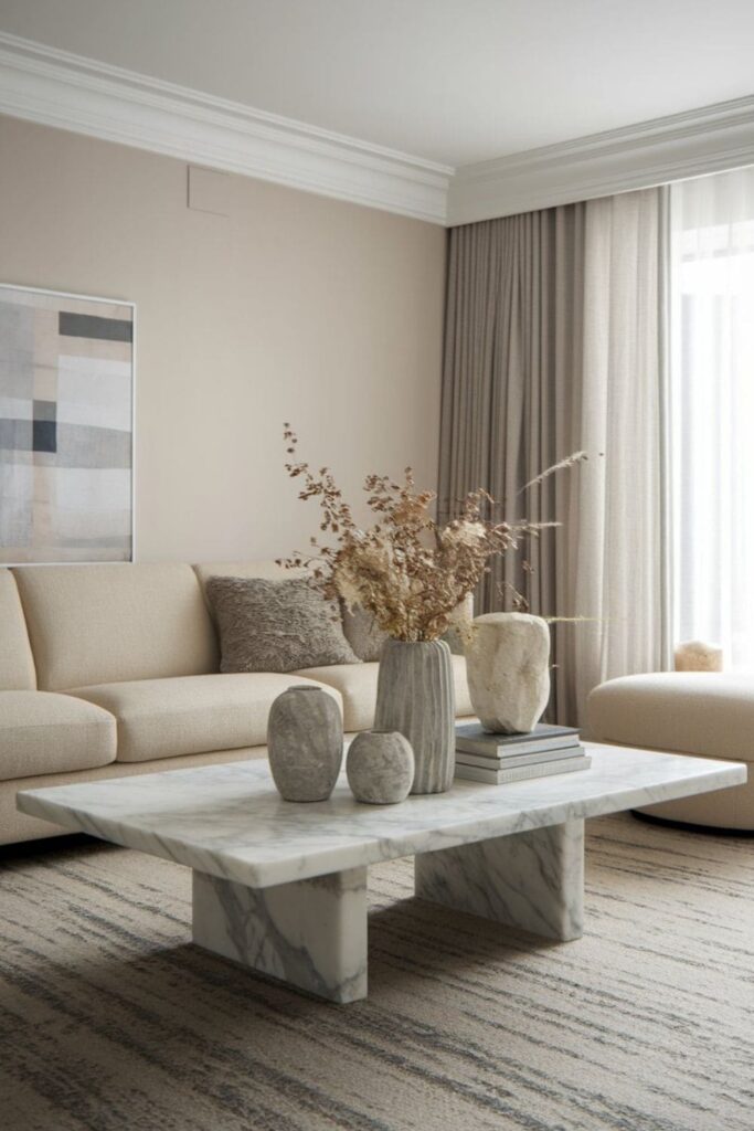 Neutral living room with marble coffee table stone decor beige sofa and layered textured surfaces
