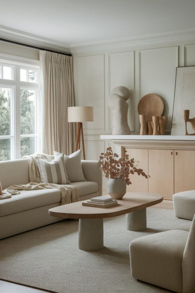 Neutral living room with sculptural decor plaster wood and ceramics beige sofa layered textures calm interior