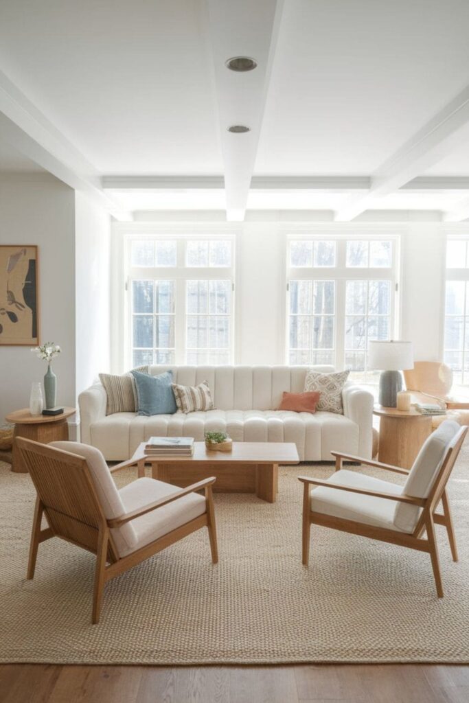 Open and spacious family living room layout with minimal furniture, allowing kids to play and move freely