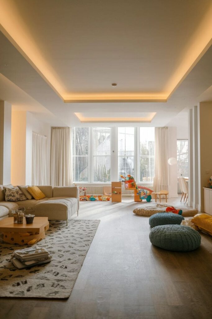 Open family living room with clear pathways, kids running and playing safely, and organized furniture layout