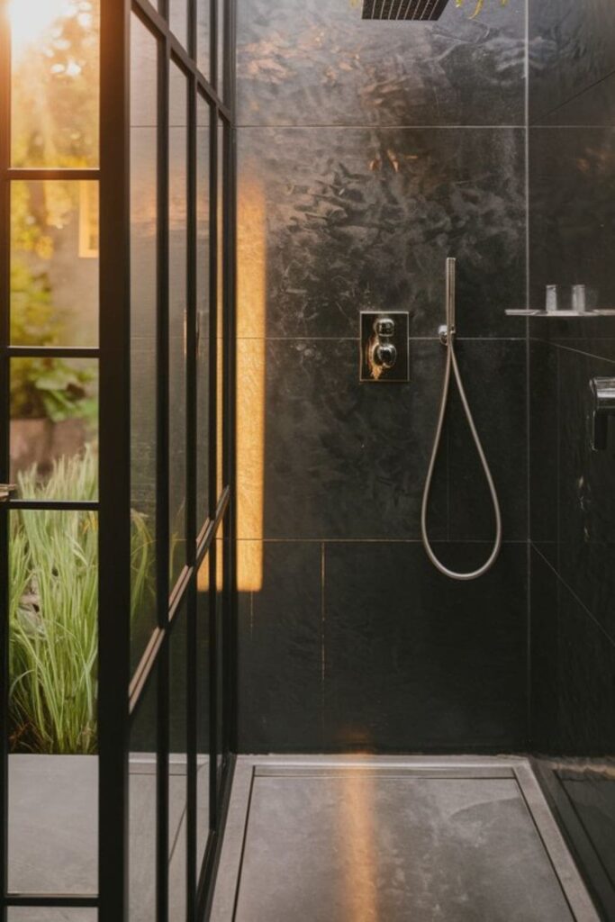Open shower separated by black-framed glass divider with dark tiles