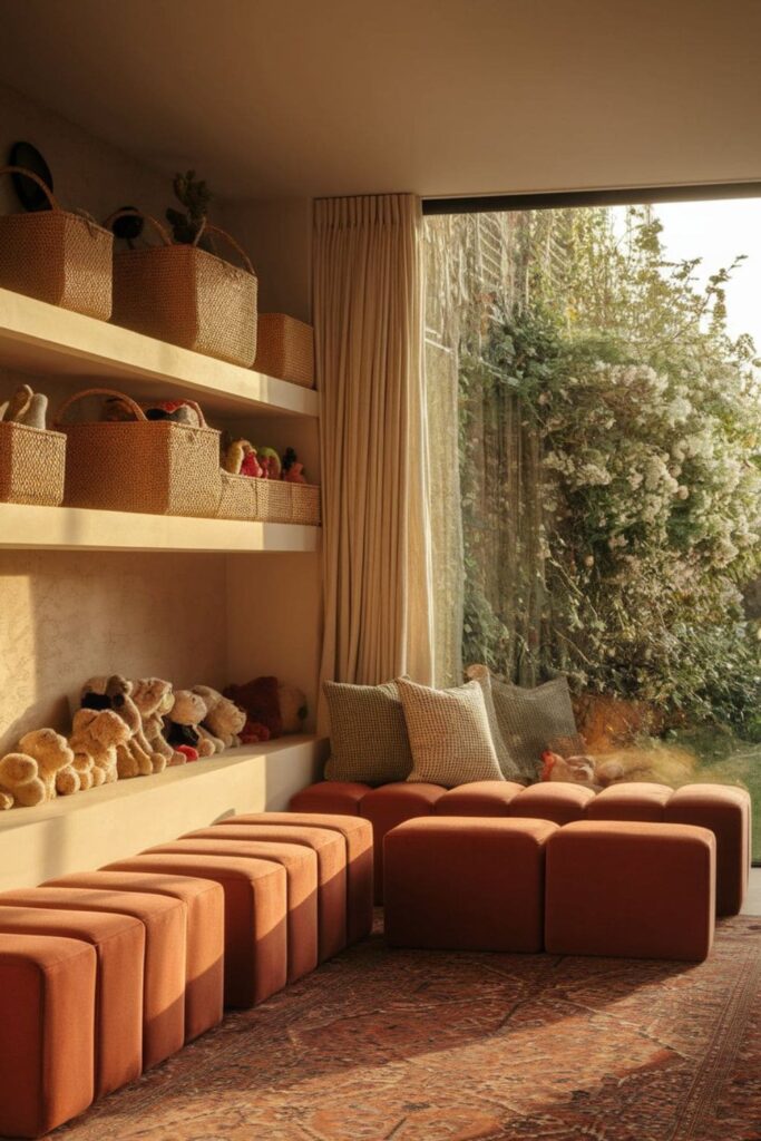 Organized living room with smart storage options like baskets, shelves, and ottomans, keeping toys neatly stored