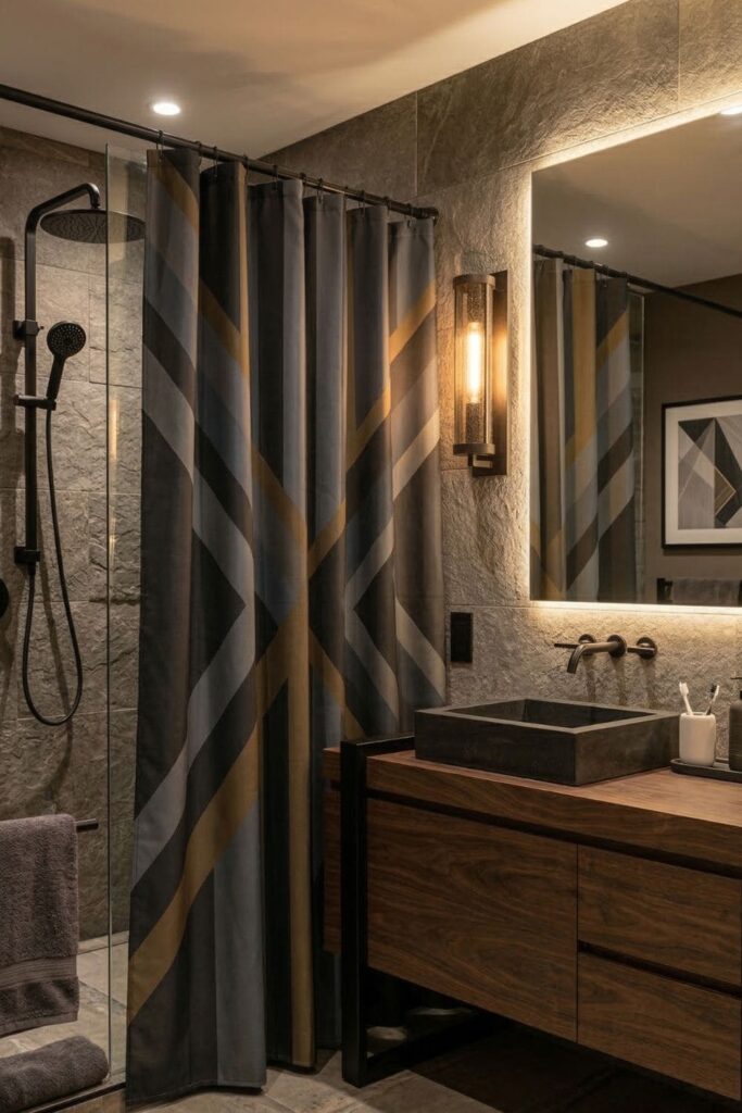 Shower area with bold striped geometric curtain in dark neutral tones