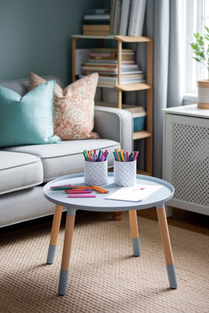 Small craft station in a family living room with table, markers, crayons, and kids engaged in creative activities