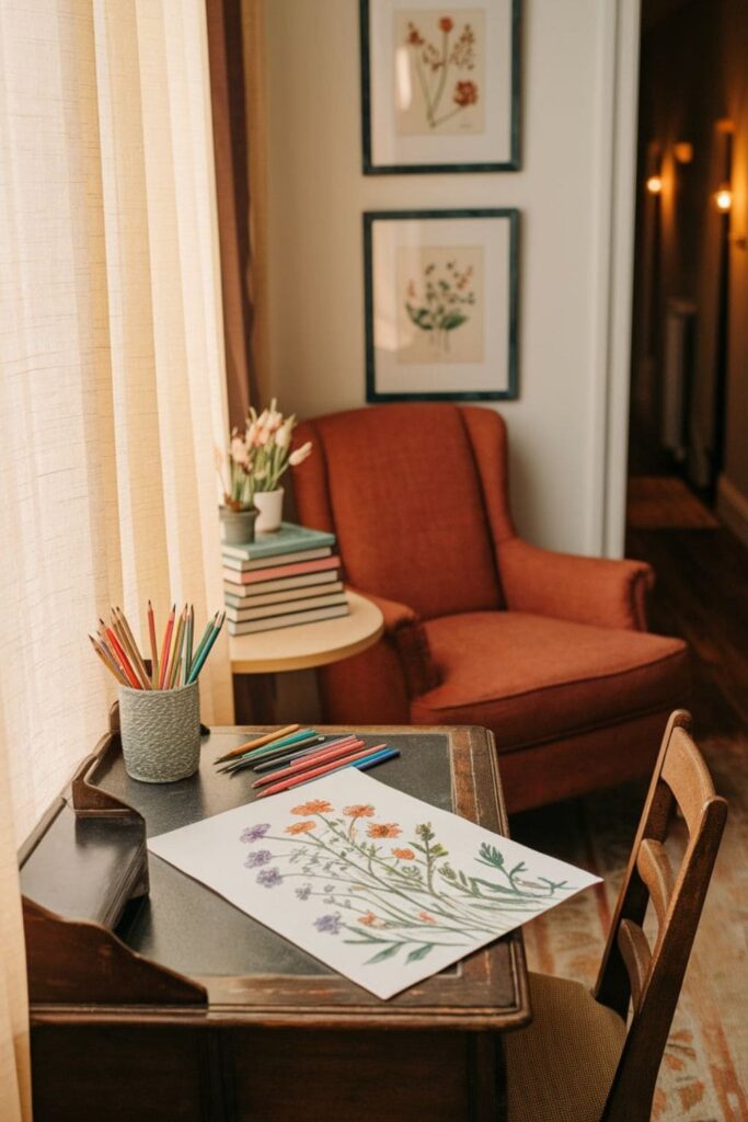 Small family living room desk for kids’ homework or art projects, children engaged, organized and cozy corner