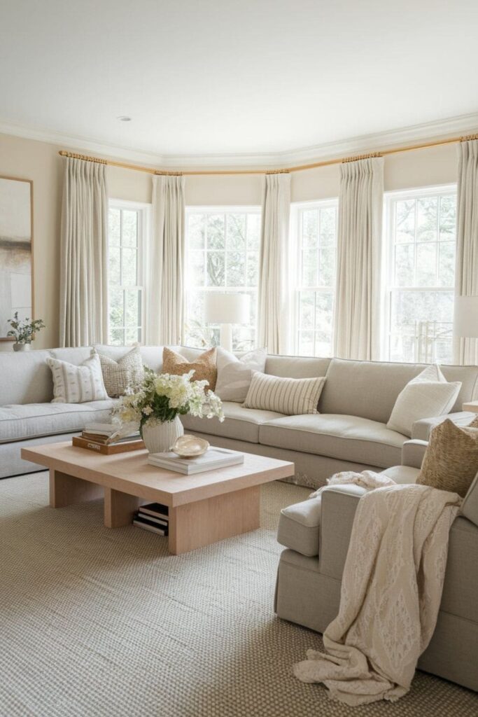 Spacious living room with soft gray sectional sofa layered pillows and throws neutral tones and cozy interior