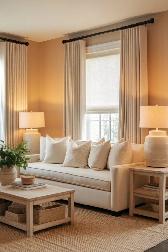 Warmly lit living room with layered lighting floor and table lamps beige sofa natural wood furniture