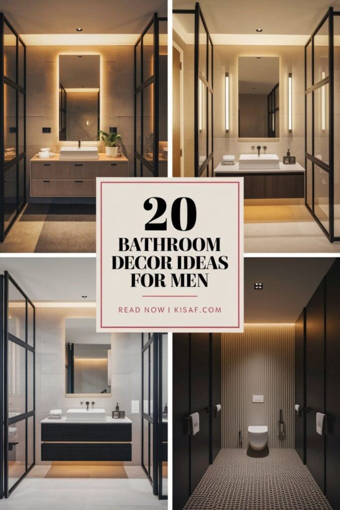 a pinterest style image with a text overlay _20 bathroom decor ideas for men_, and _Read Now _ Kisaf.com_ at the bottom