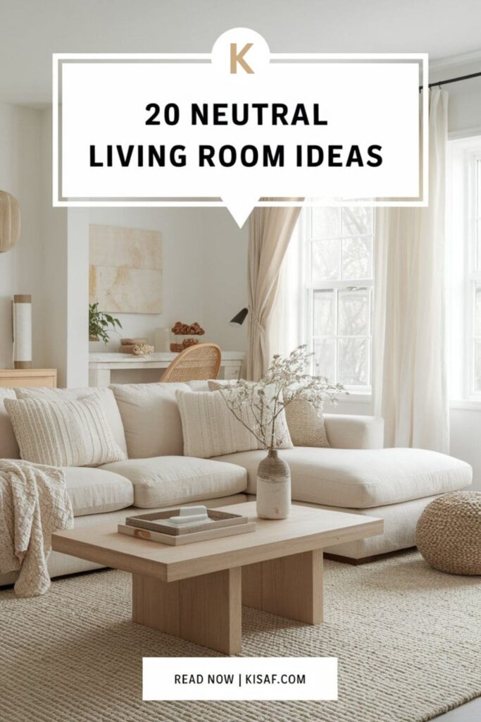 a pinterest style image with a text overlay _20 neutral living room ideas_, and _Read Now _ Kisaf.com_ at the bottom