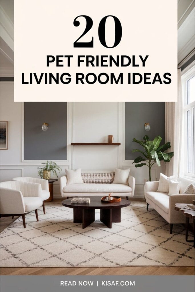a text overlay _20 pet friendly living room ideas_, and _Read Now _ Kisaf.com_ at the bottom