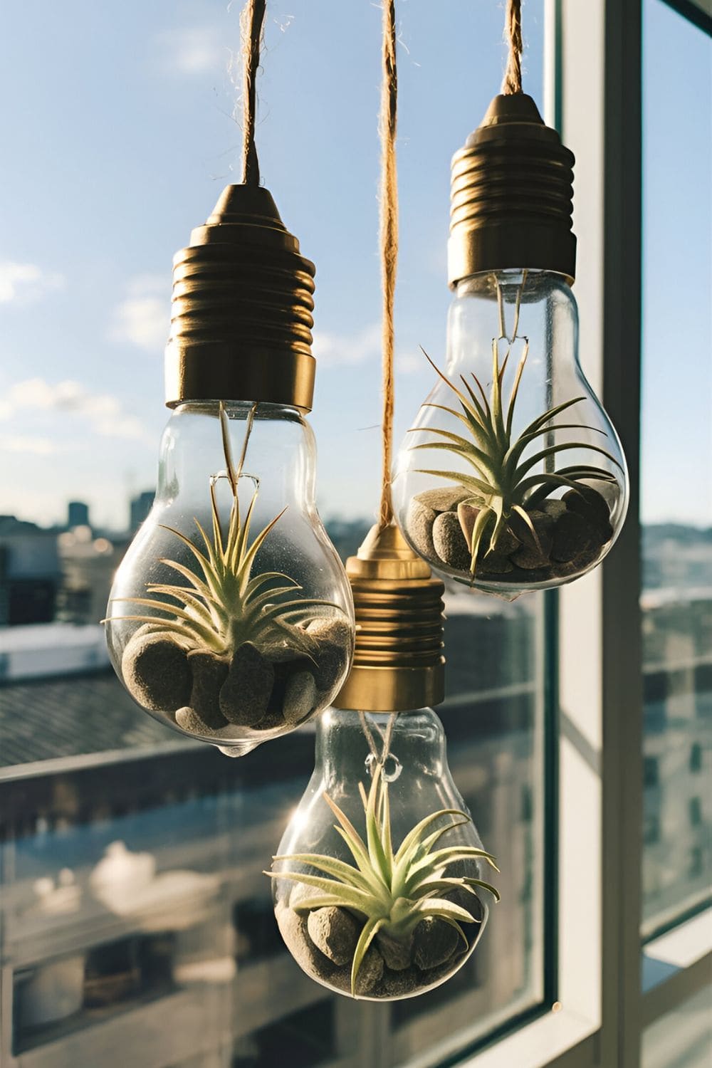 Small plants in Hanging Light Bulb Planters