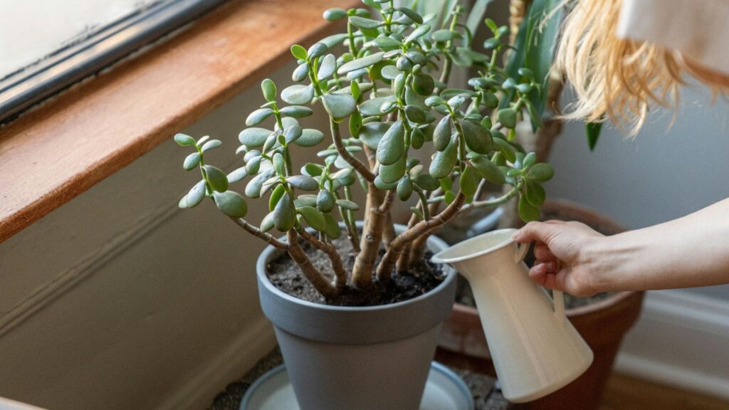 a women watering a small plant