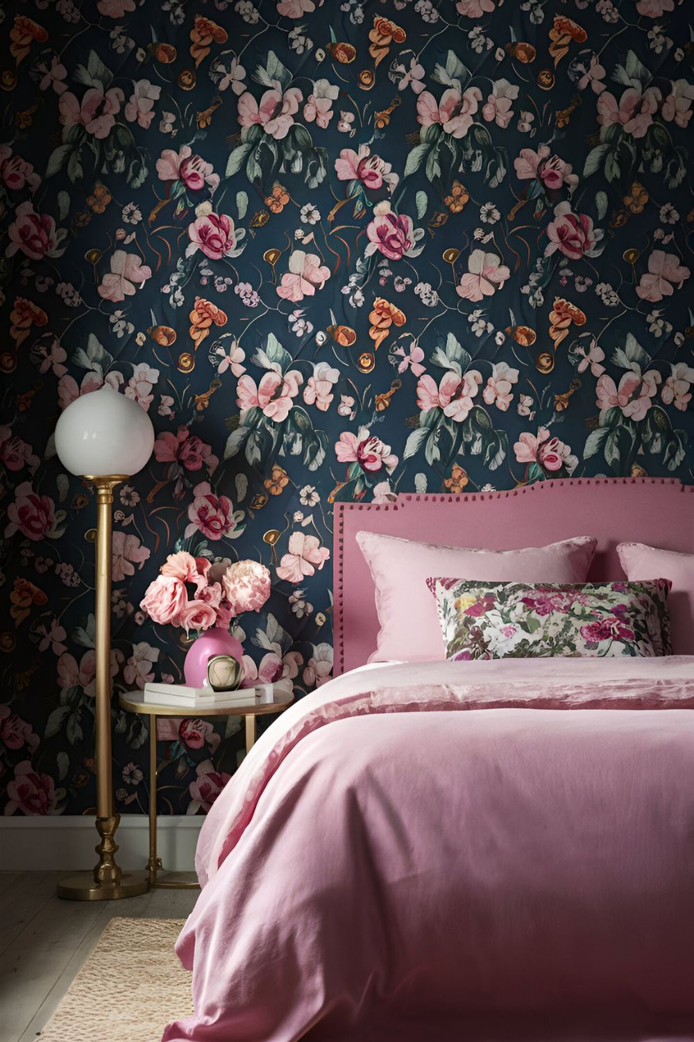 pink bedroom with Floral Wallpaper