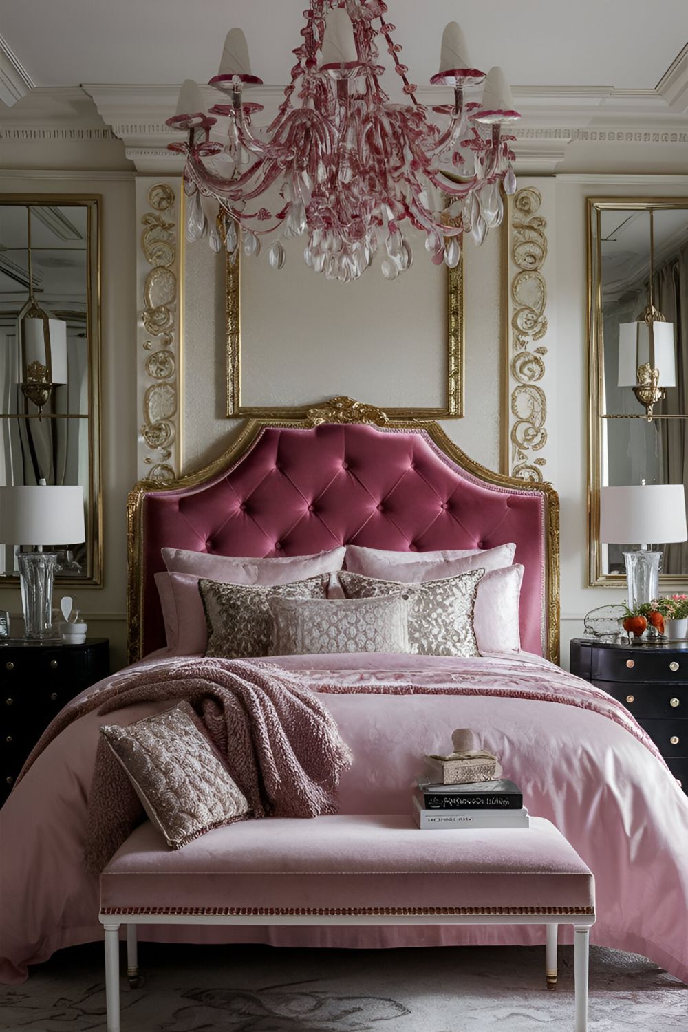 pink bedroom with Pink Headboard