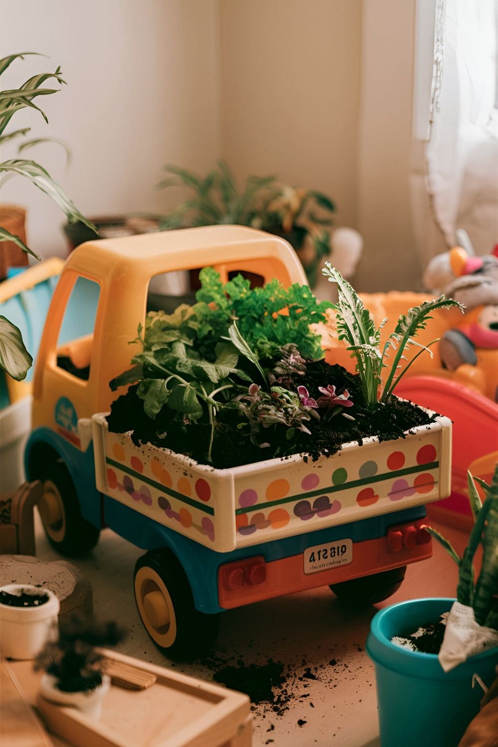 plants in a toy truck planter