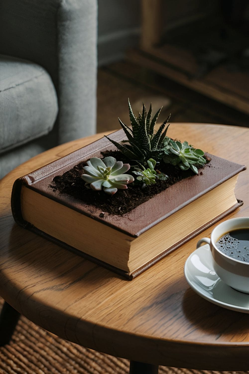 small succulents in a book planter