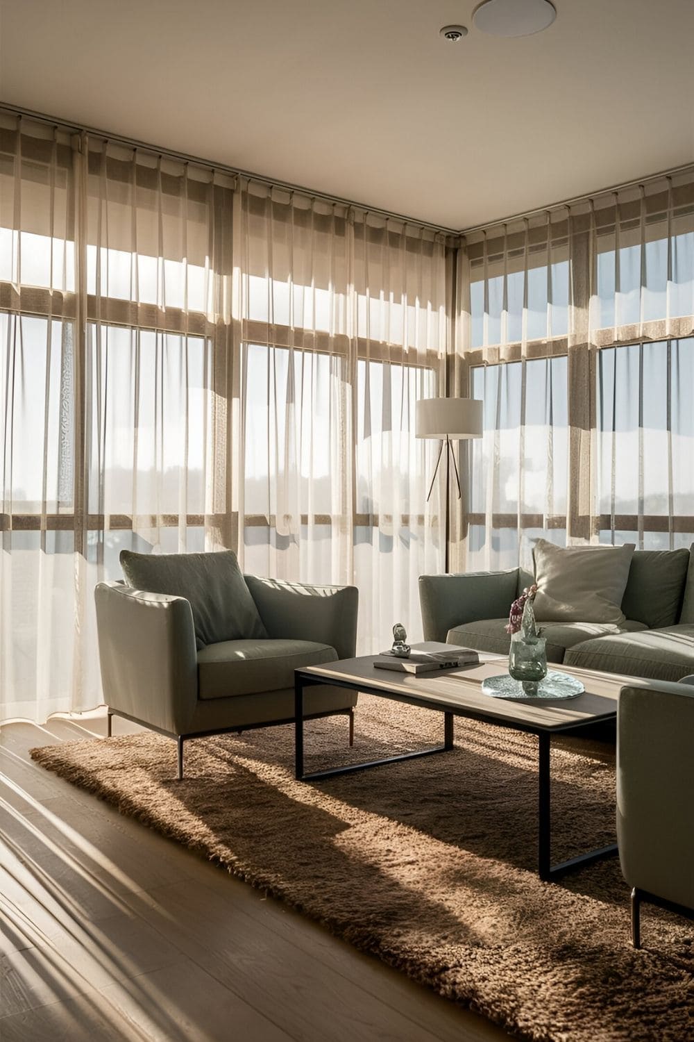 A bright modern living room filled with natural light and sheer curtains highlighting contemporary furniture